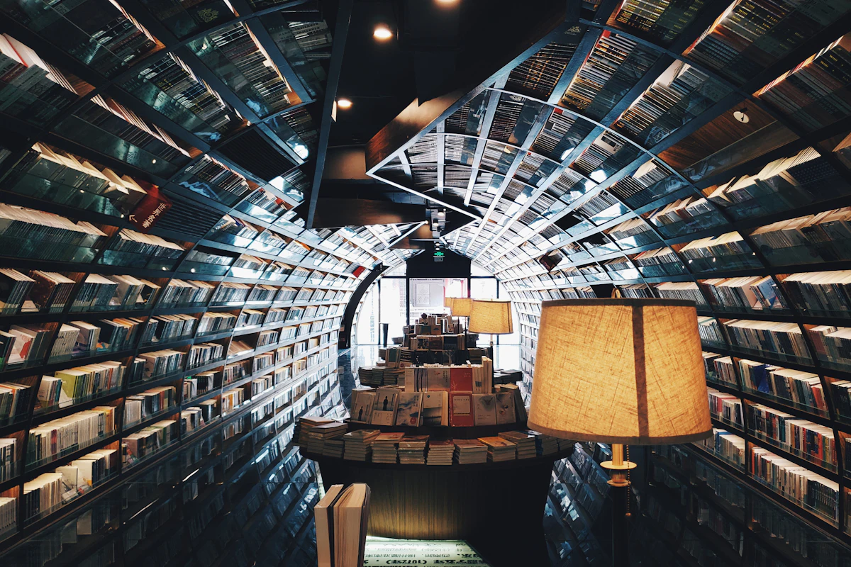A long library lined with books