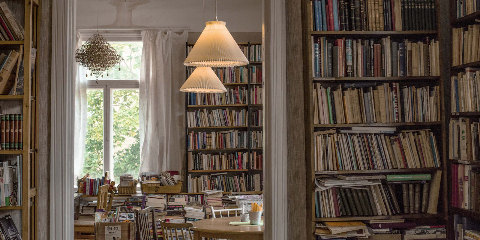 A book-lined reading room